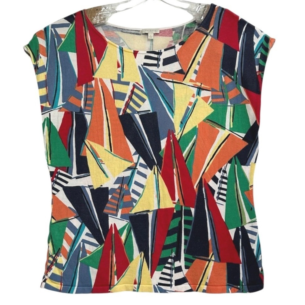 Talbots Knit Tank Top Women Multicolor Abstract Sailboat Nautical‎ Resortwear  L
